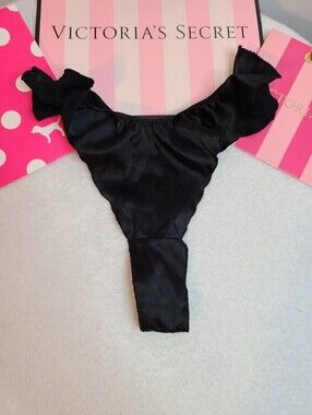 Victoria's Secret French Cut Satin Flutter Thong Panty Size Lg Black